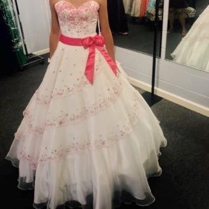 pink and white strapless ballgown